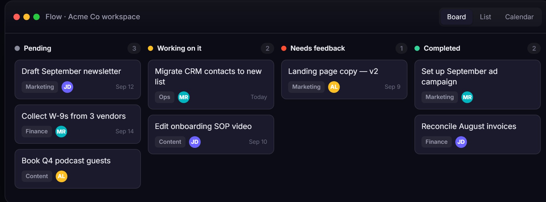 Flow — Kanban project board with tasks, statuses, assignees and due dates