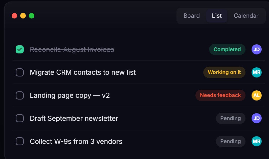Flow — sortable list view with statuses