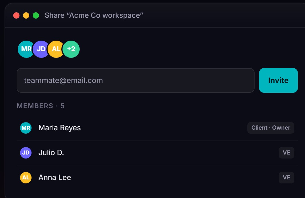 Workspace sharing — invite members by email with roles